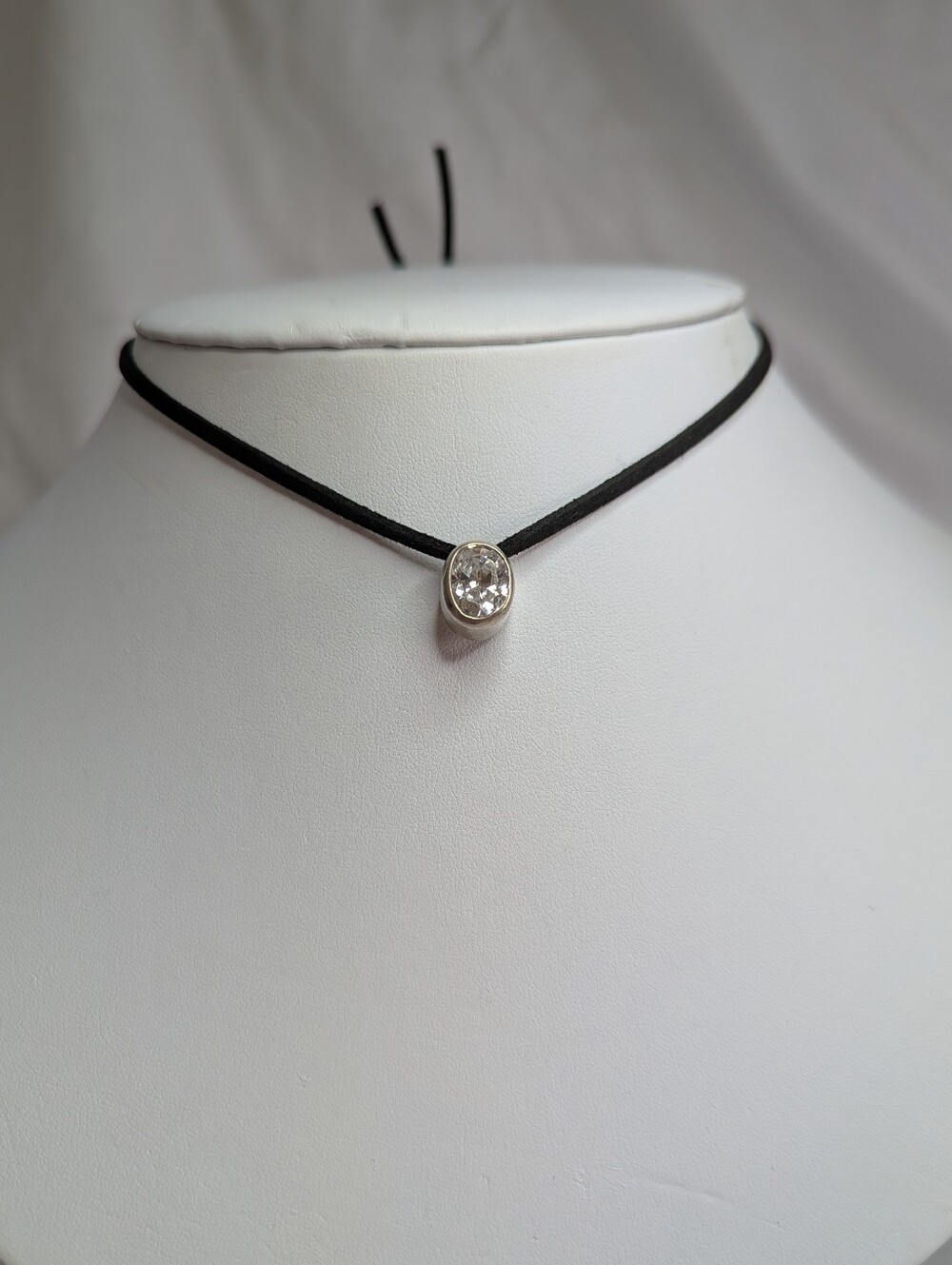 Minimalist Black Cord Necklace with Silver Crystal Pendant